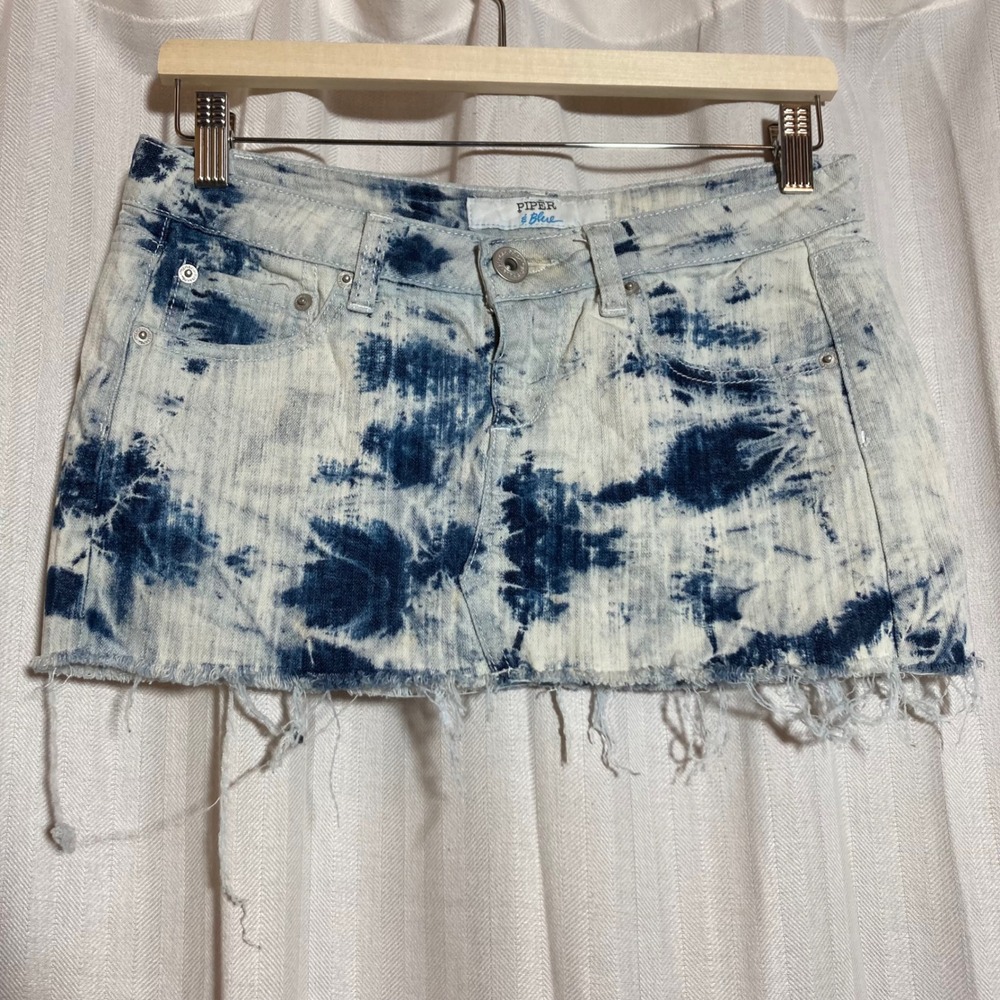 Acid Wash Micro Mini Skirt Piper & Blue Women Blue White Tie Dye Raw Hem Denim 3